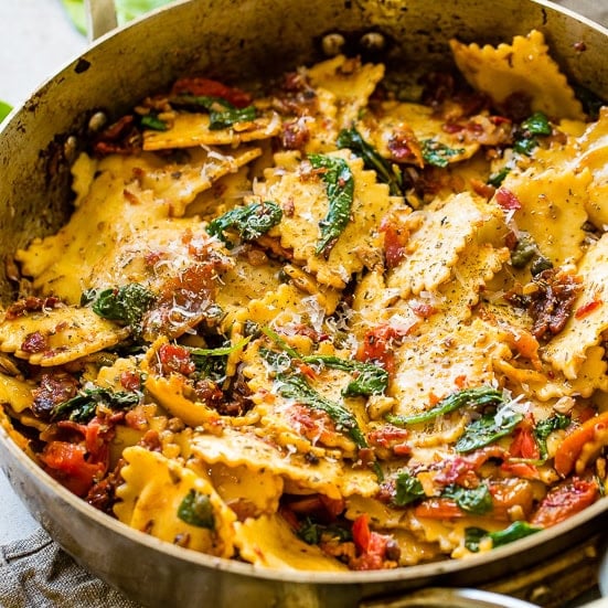Easy Crispy Pancetta Ravioli with Sun Dried Tomatoes and Spinach