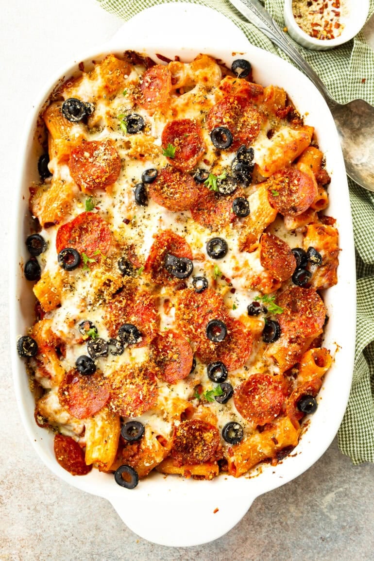Photo of baked pizza casserole in white casserole
