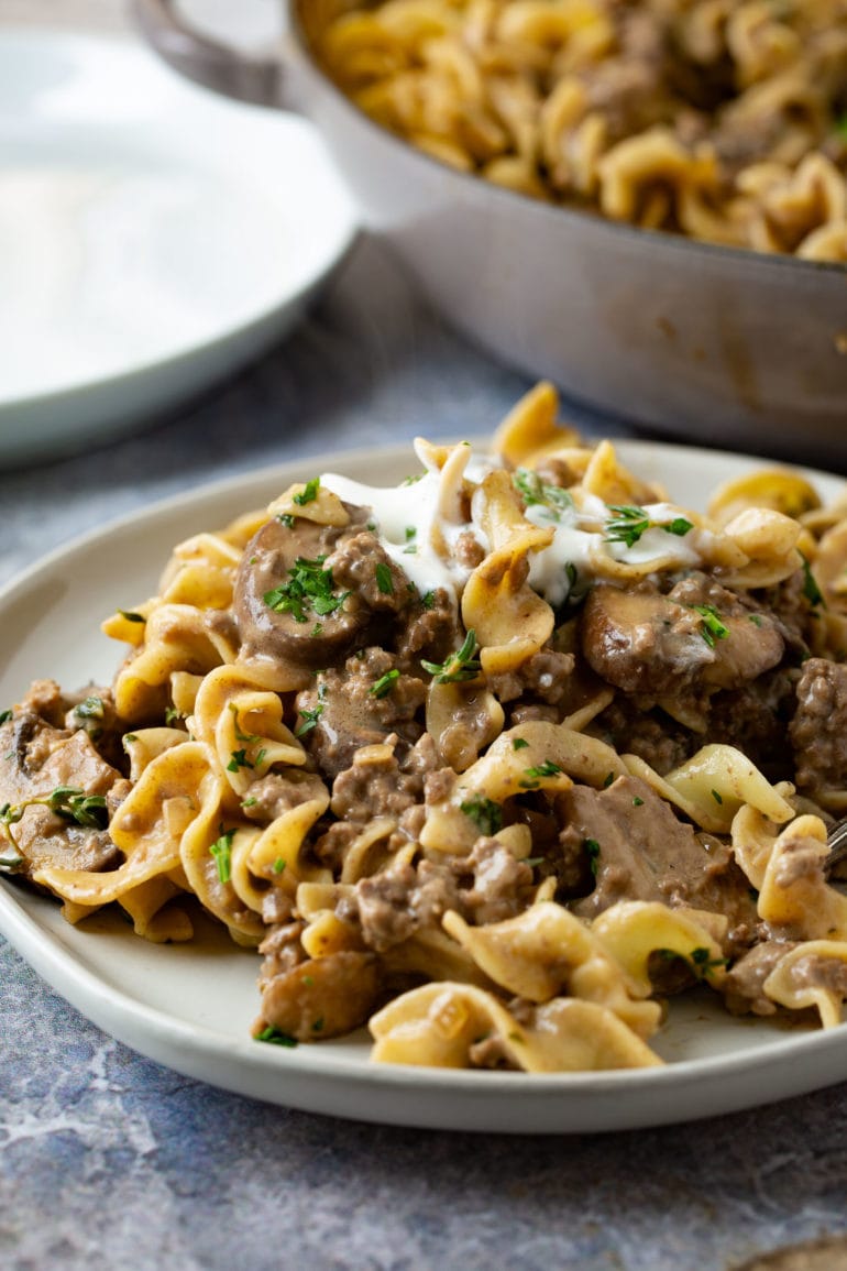 A dinner plate filled with ground beef stroganoff. It is noodles and ground beef in a rich sauce with a spoonful of sour cream on top.