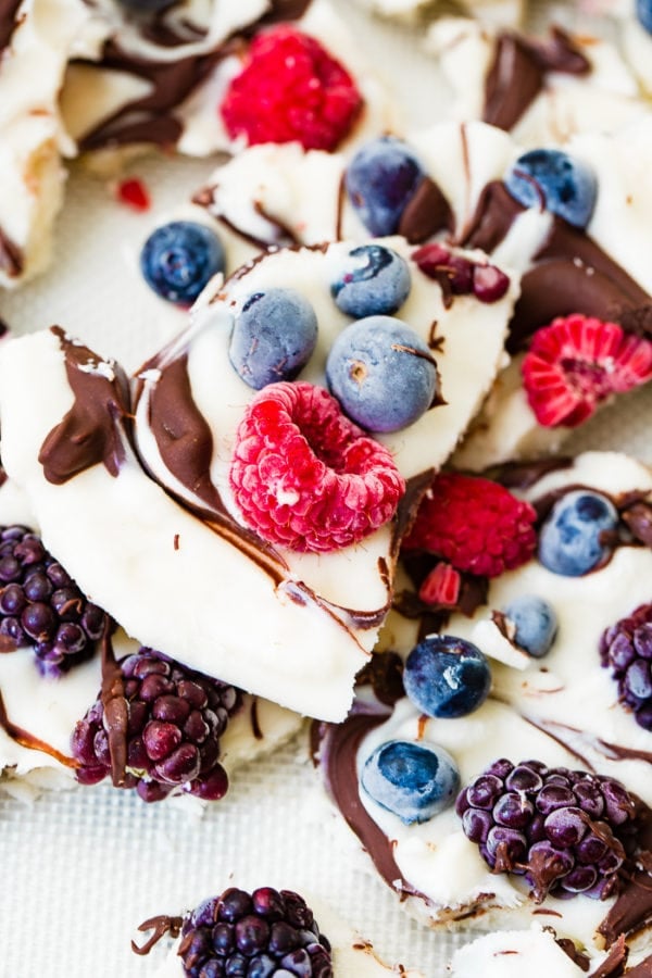 a pan of healthy chocolate swirled berry frozen yogurt bark