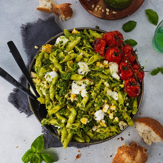 Grilled Corn and Roasted Tomato Pesto Pasta