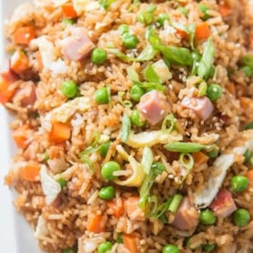 Ham Fried Rice on a white serving platter.