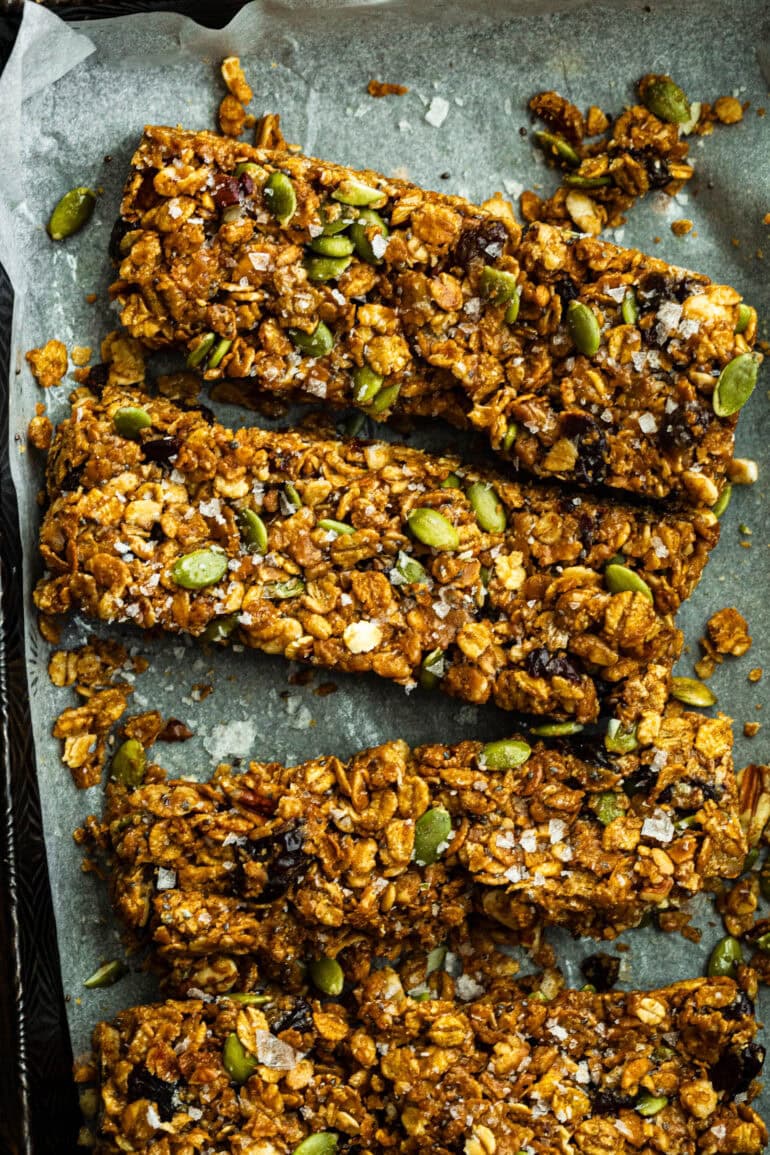 cereal bars sitting on a piece of parchment