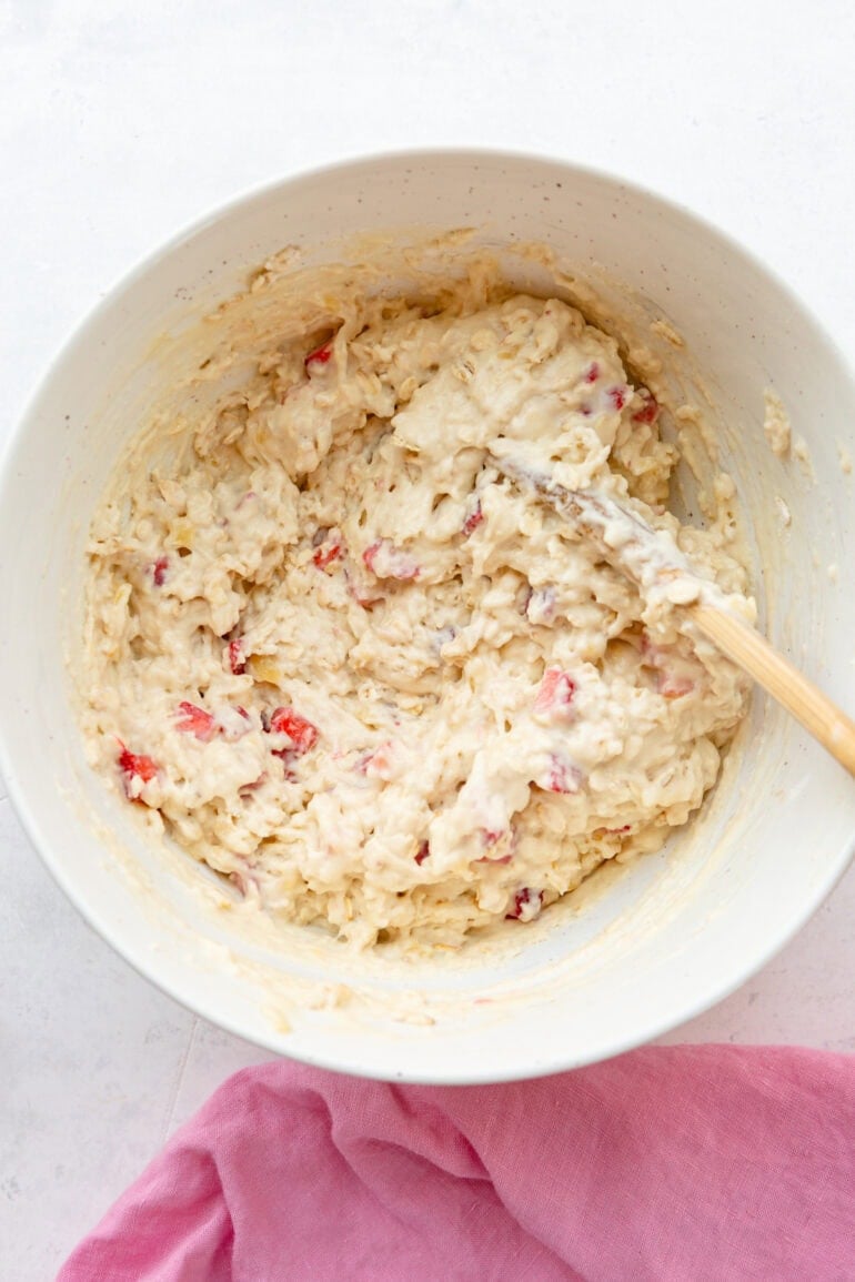 a bowl for of batter for this healthy berry breakfast cake recipe