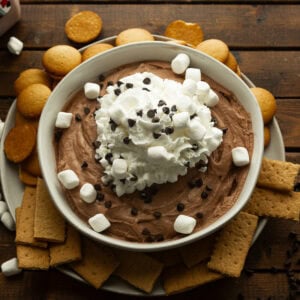 a large bowl of cream chocolate dip topped with mini marshmallows, mini chocolate chips surrounded by graham crackers and nilla wafers