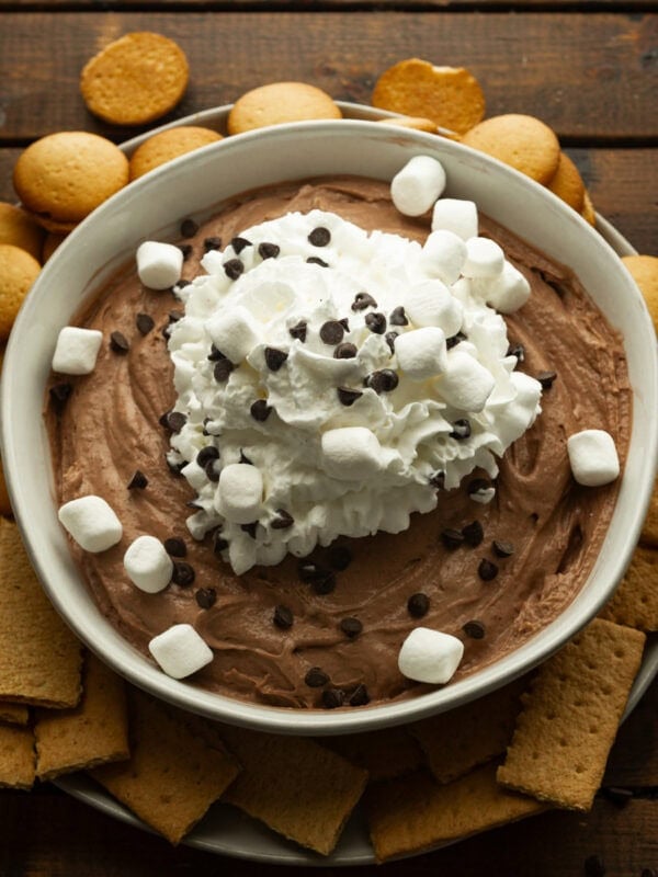 a large bowl of cream chocolate dip topped with mini marshmallows, mini chocolate chips surrounded by graham crackers and nilla wafers