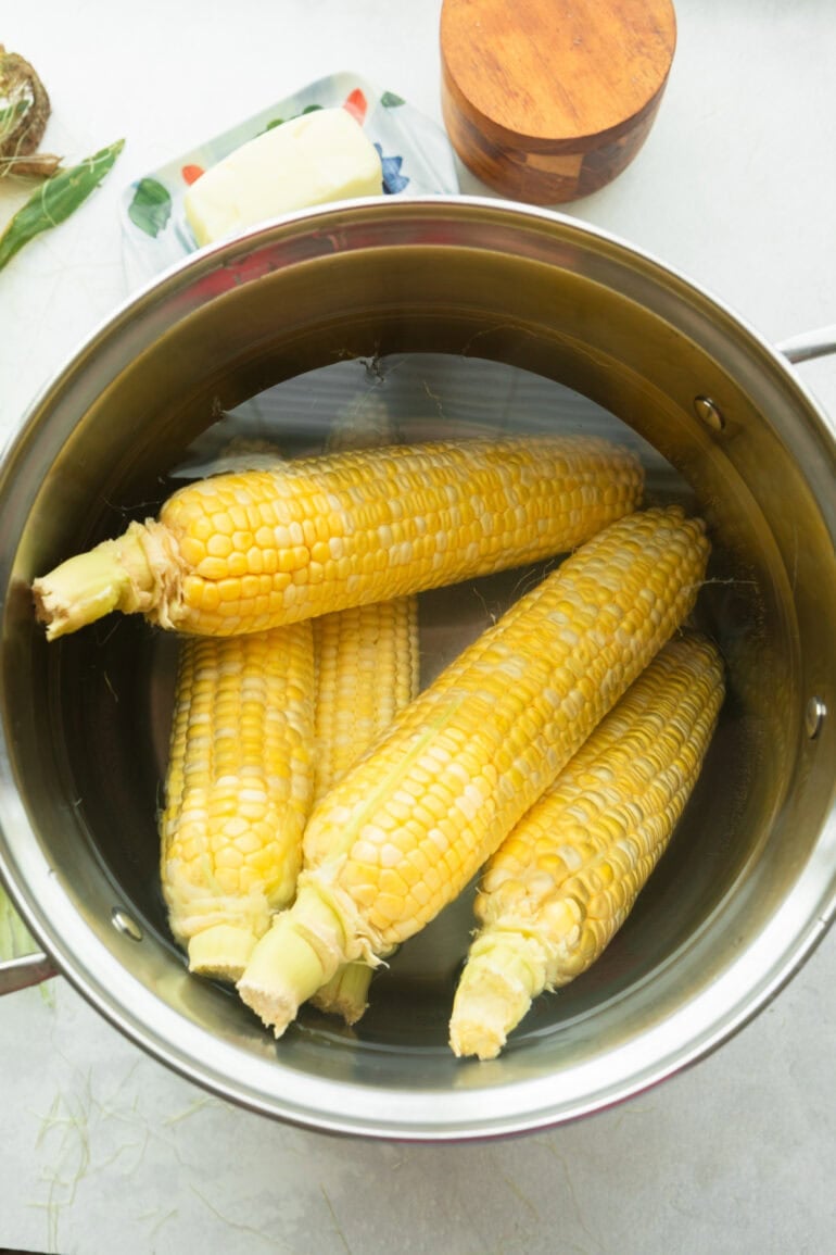 five ears of corn sitting in a large stock pot full of water