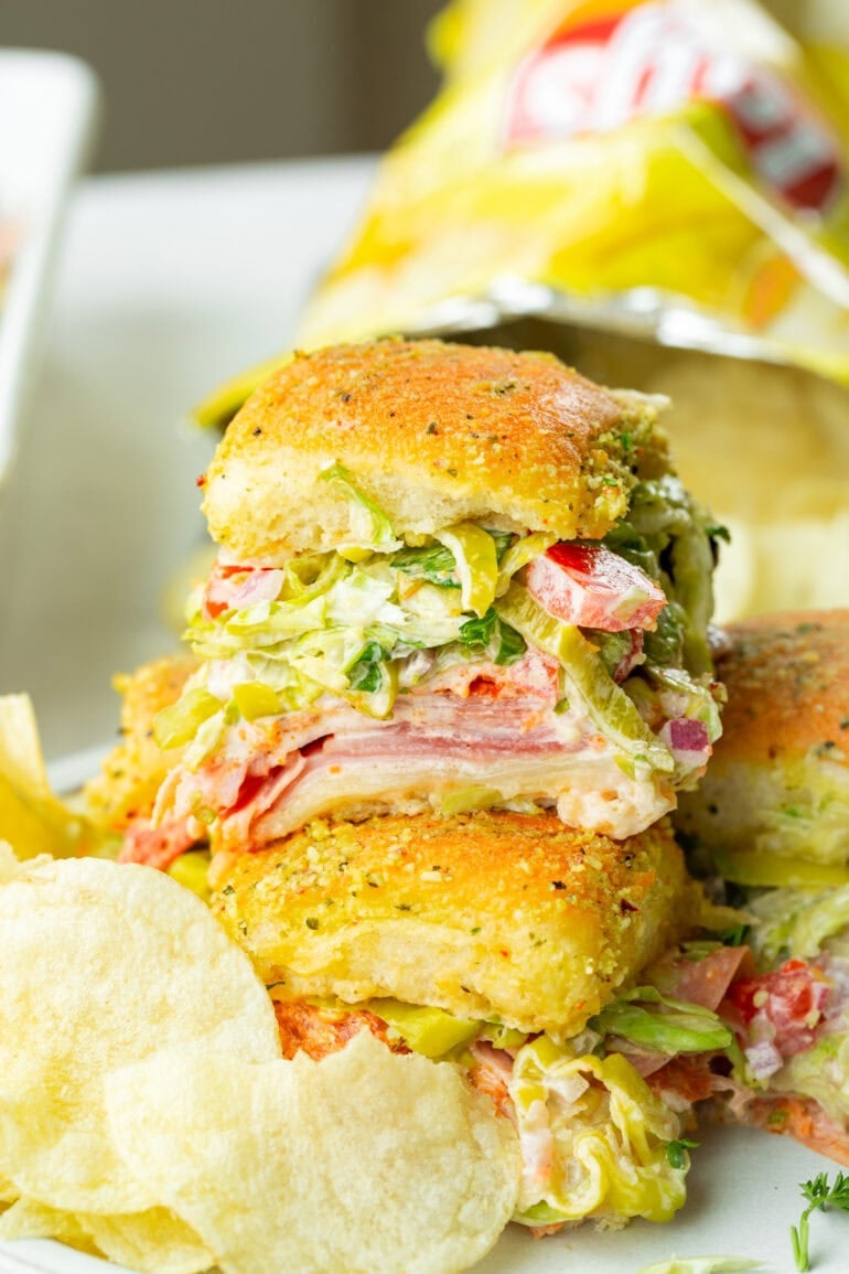 a photo of an italian slider sandwich stacked on top of another slider