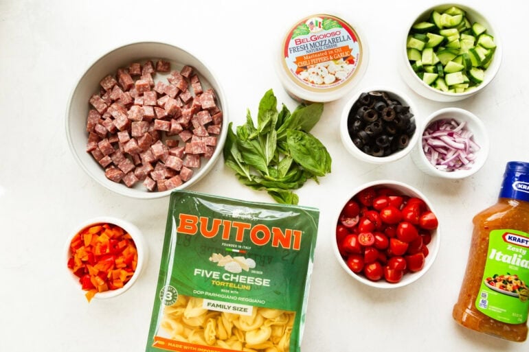 all the ingredients for tortellini pasta salad including a bag of tortellini, red onions, tomatoes, black olives, mozzarella balls, fresh basil, etc.