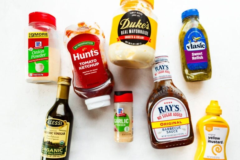 all the ingredients to make the best burger sauce including mayonnaise, bbq sauce, ketchup, worchestershire, relish and seasonings