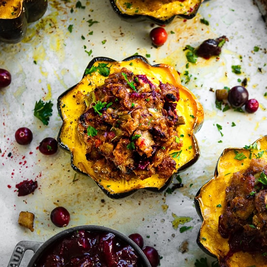Leftover Thanksgiving Turkey and Stuffing Acorn Squash