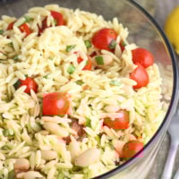 Lemon Orzo Pasta Salad - an easy pasta salad with fresh basil, tomatoes, cannellini beans, and almonds.