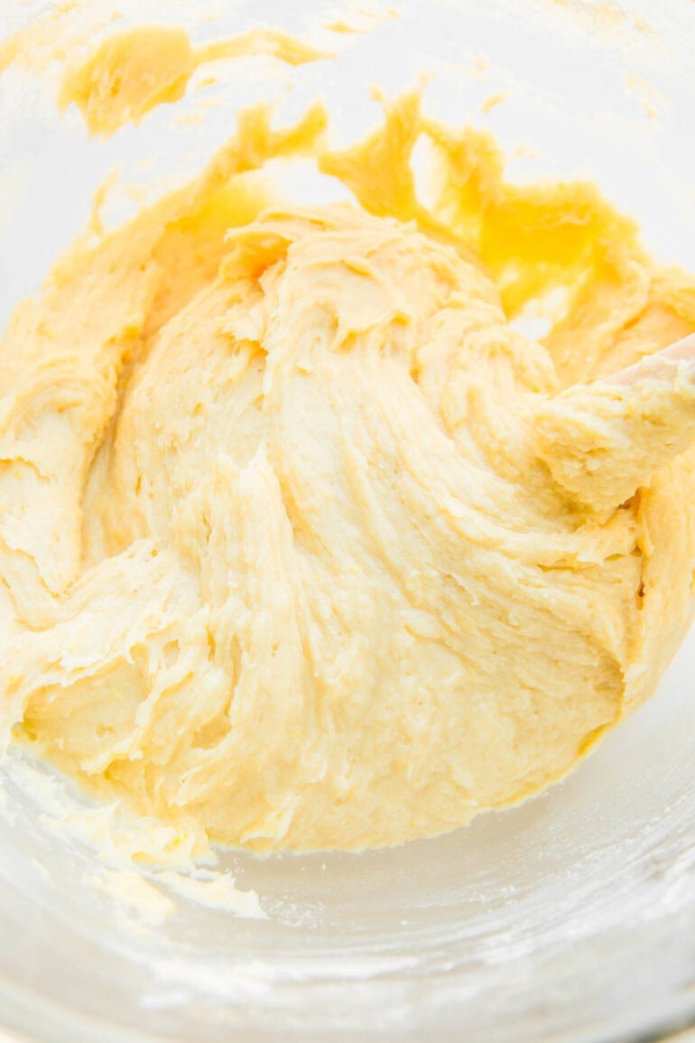 Photo of lemon pound cake batter in mixing bowl