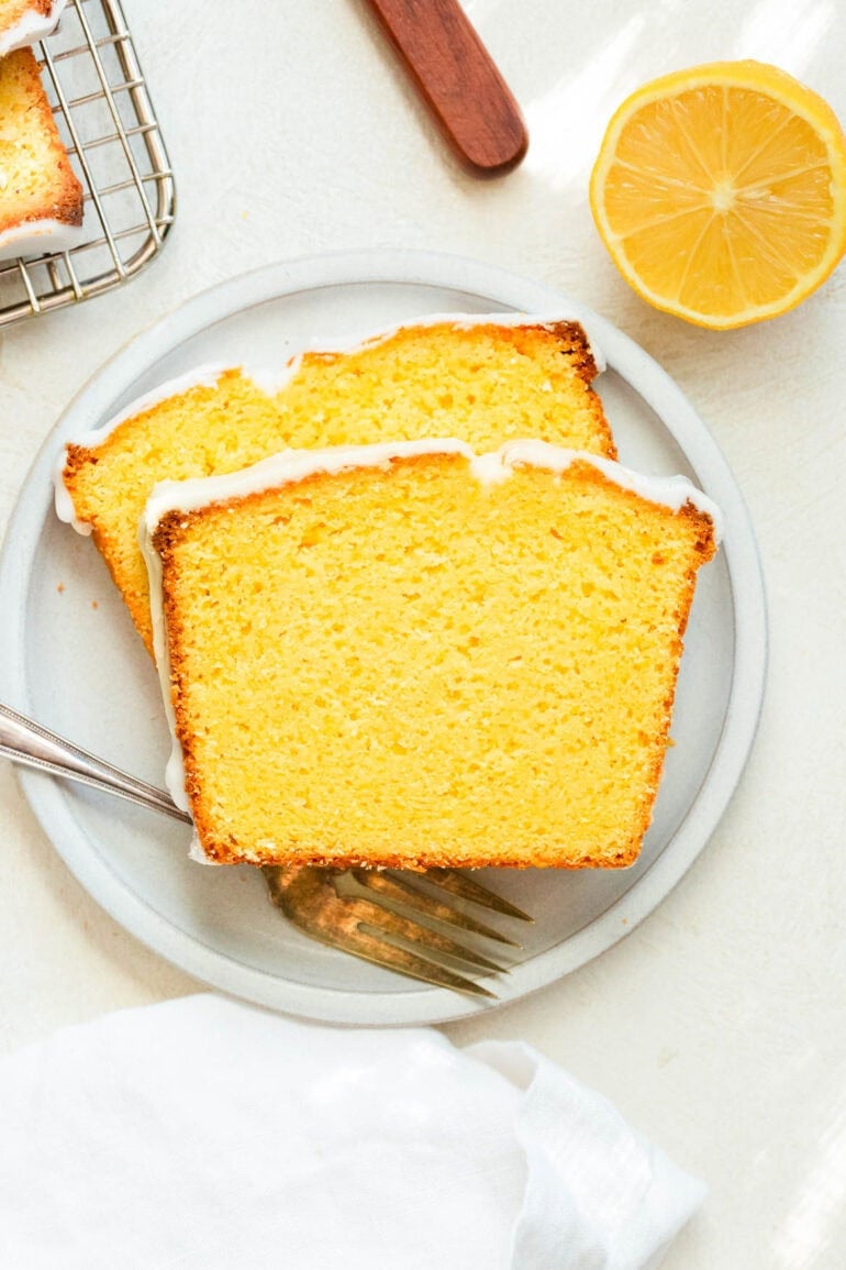 Photo of two slices of glazed lemon pound cake