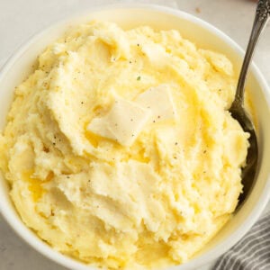 Yukon Gold make ahead mashed potatoes in a serving bowl
