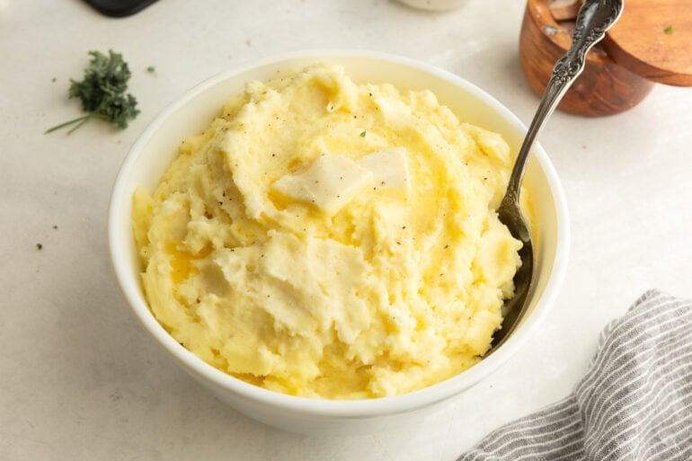 creamy mashed potatoes with butter for Thanksgiving dinner