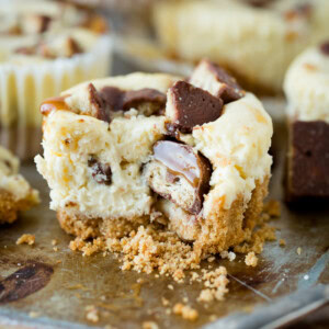 Creamy cheesecakes swirled with caramel and dotted with nuggets of Twix candy bars, these Mini Twix Caramel Cheesecakes are an easy cheesecake recipe!  ohsweetbasil.com