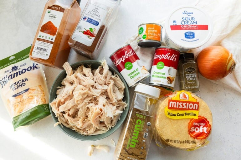 all the ingredients needed for creamy chicken enchilada casserole