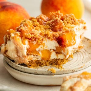 a peaches and cream bar with graham cracker crust