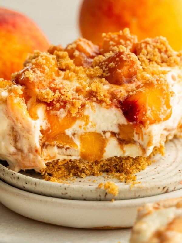 a peaches and cream bar with graham cracker crust