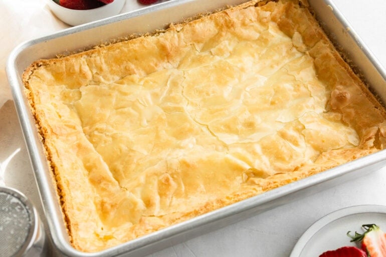 a 9x13 pan with dense, buttery cake