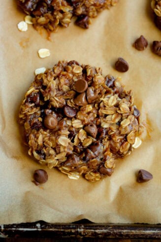 a photo of a baked peanut butter chocolate chip breakfast cookie