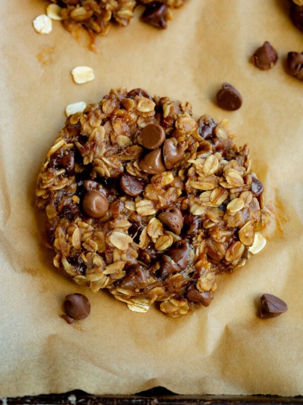 a photo of a baked peanut butter chocolate chip breakfast cookie