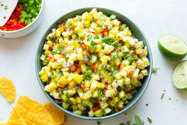 a large bowl of fresh pineapple salsa