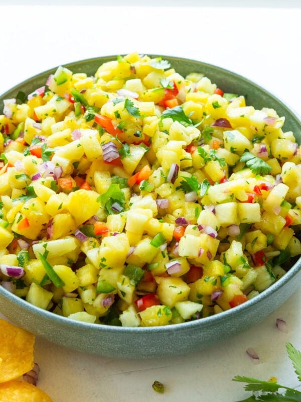 a large bowl of fresh pineapple salsa