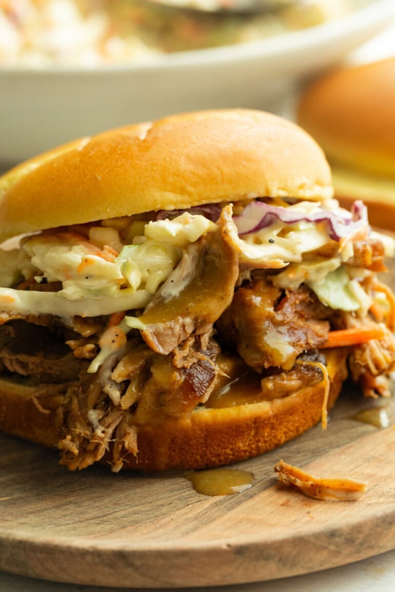 a pulled pork sandwich loaded with juicy pulled pork