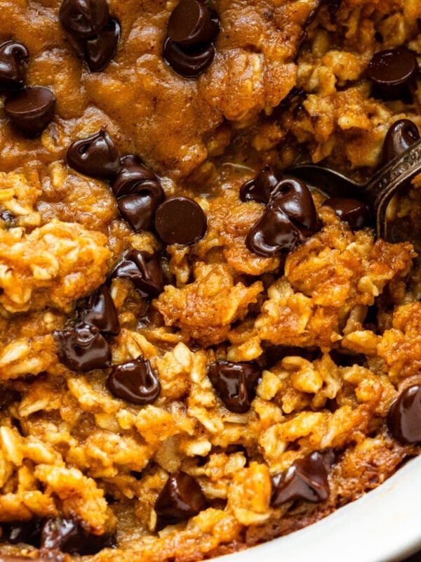 a pumpkin chocolate chip baked oatmeal with a spoon scooping up a serving