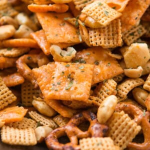 a photo of ranch chex mix with cheezits, pretzels, peanuts and oyster crackers