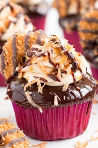 Girl scout cookie meets cupcake in these rich chocolaty, caramel, and toasted coconut Samoa Cupcakes!