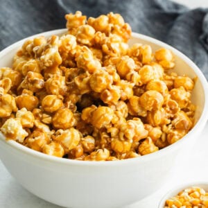 Soft caramel popcorn recipe made with large mushroom popcorn kernels