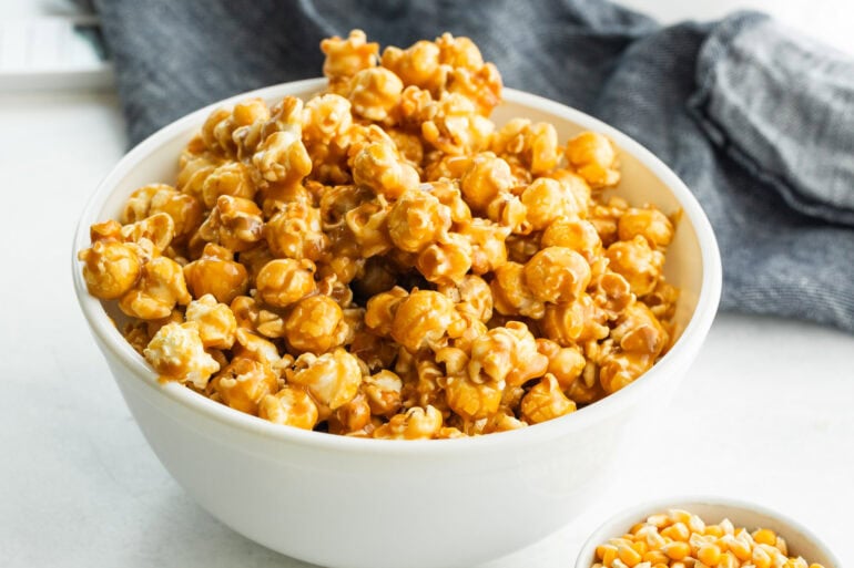 Soft caramel popcorn recipe made with large mushroom popcorn kernels