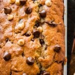 This peanut butter banana bread filled with little morsels of peanut butter and chocolate is the perfect solution to over ripe bananas ohsweetbasil.com