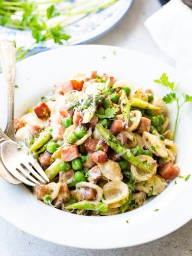 A photo of a white bowl full of cubed ham, asparagus, peas, and orcehiette pasta all in a lemon cream sauce.