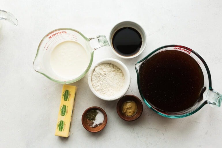 all the ingredients for the rich creamy gravy for swedish meatballs