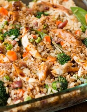 It's everything you love about takeout without leaving your house. Teriyaki chicken casserole full of fried rice, chicken and veggies for dinner!