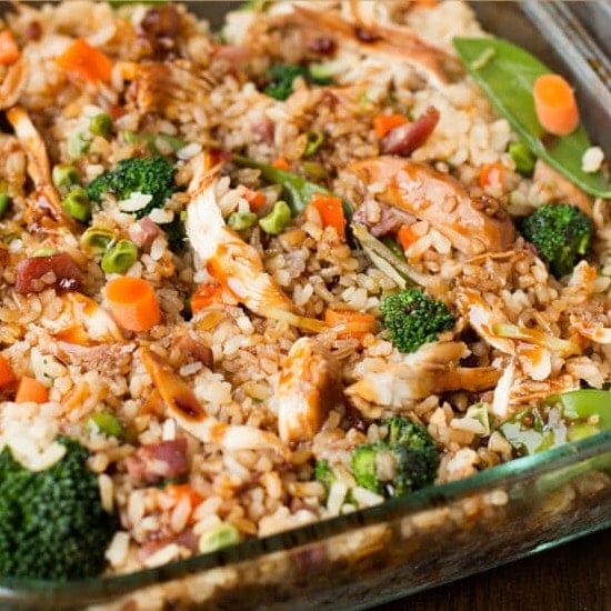 It's everything you love about takeout without leaving your house. Teriyaki chicken casserole full of fried rice, chicken and veggies for dinner!