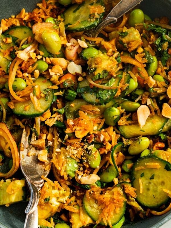a large bowl full of crispy rice slaad with cucumbers, peanuts, avocado, red onions and crispy rice