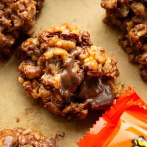 Reese's Krispies peanut butter cereal clusters with chocolate chips and Reese's cups