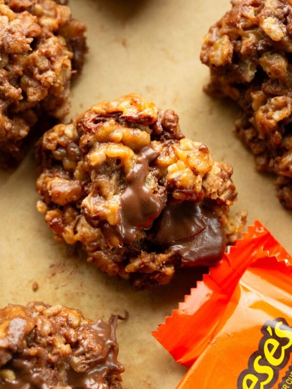 Reese's Krispies peanut butter cereal clusters with chocolate chips and Reese's cups