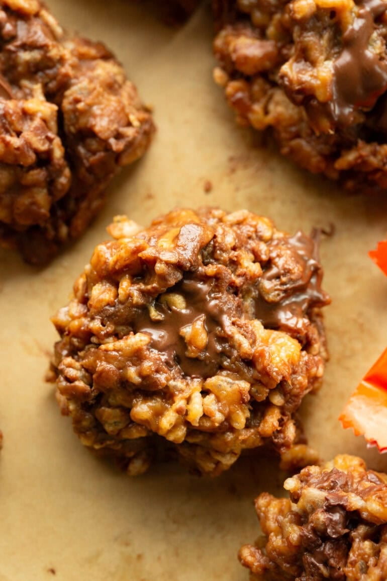 A Reese's peanut butter Rice Krispie cluster on a piece of parchment