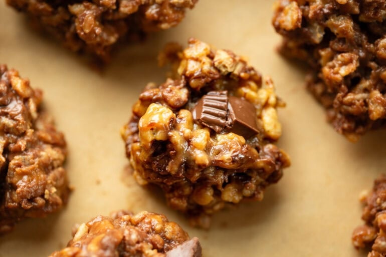 Chocolate peanut butter Reese's Krispies clusters ready to eat