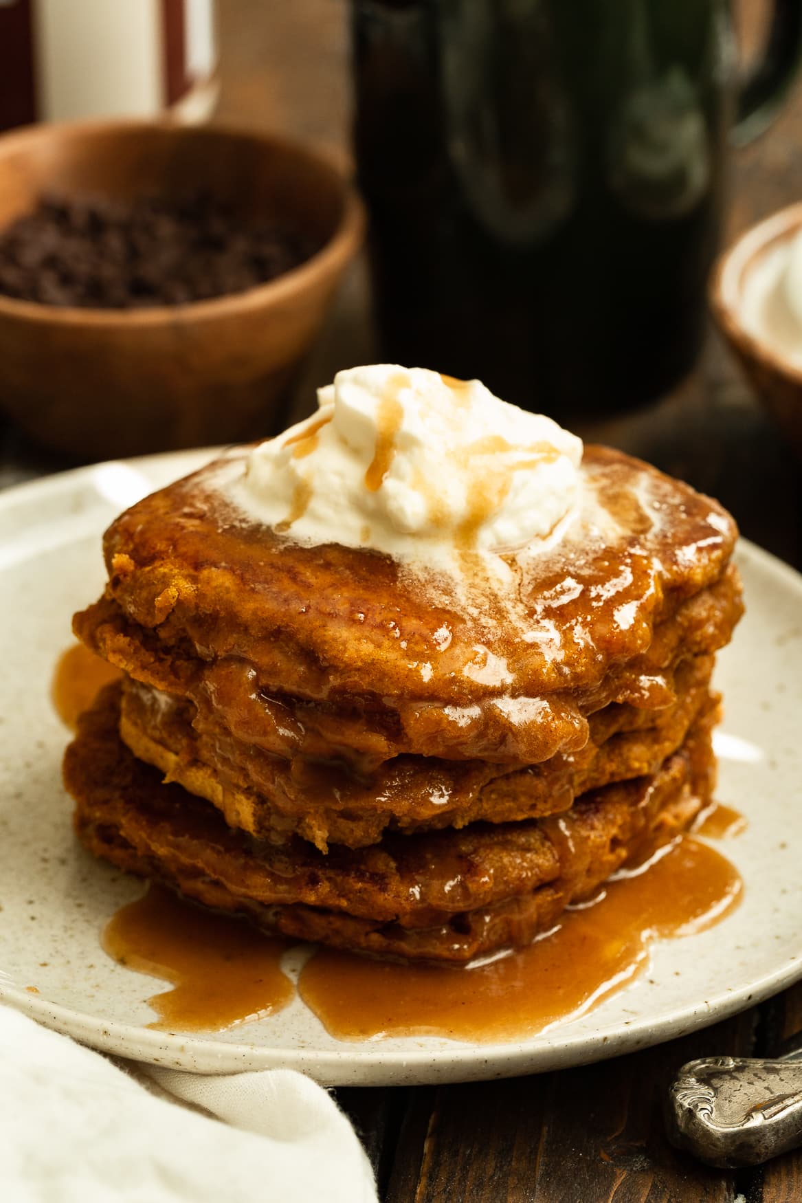 Whole Wheat Pumpkin Pancakes w/ Cinnamon Caramel Syrup