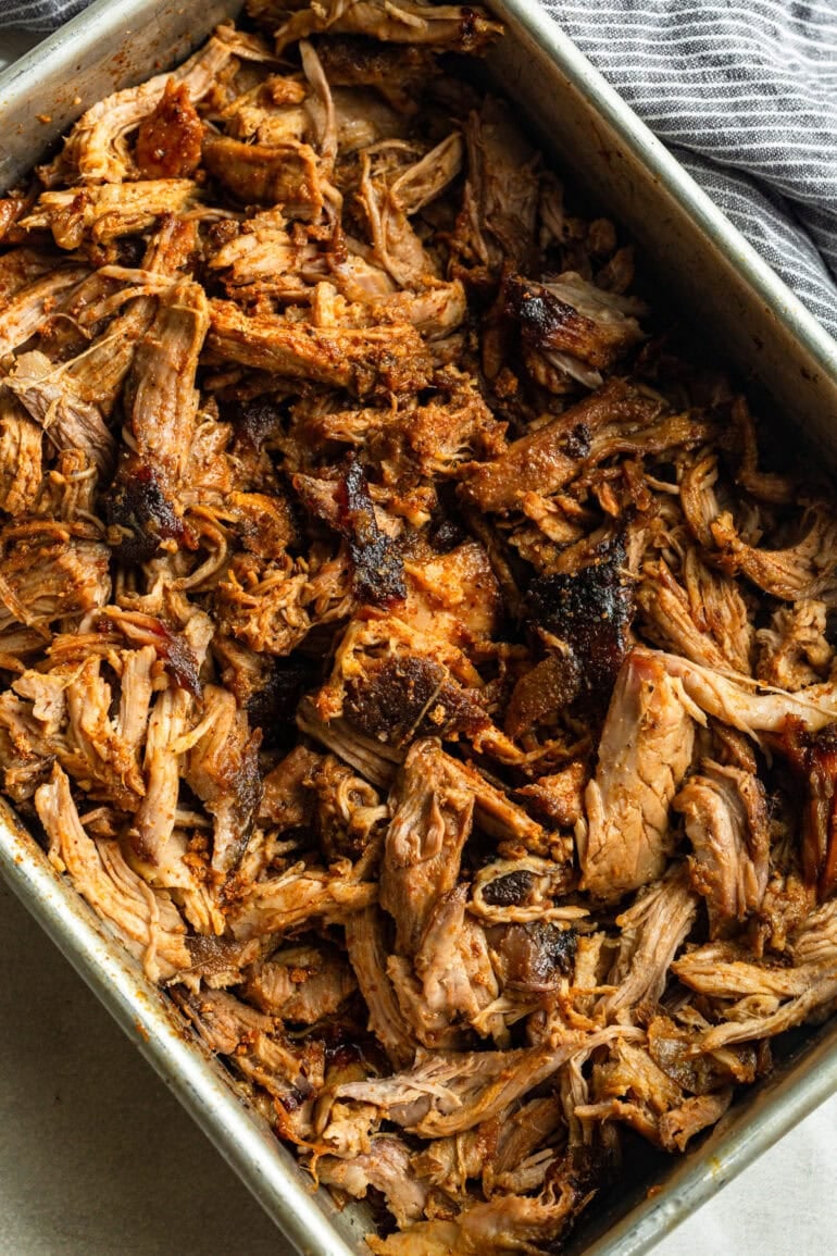 a large pan of juicy tender pulled pork
